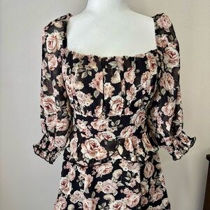 NWT Exlura Black Floral Square Neck Mini Dress Size Small